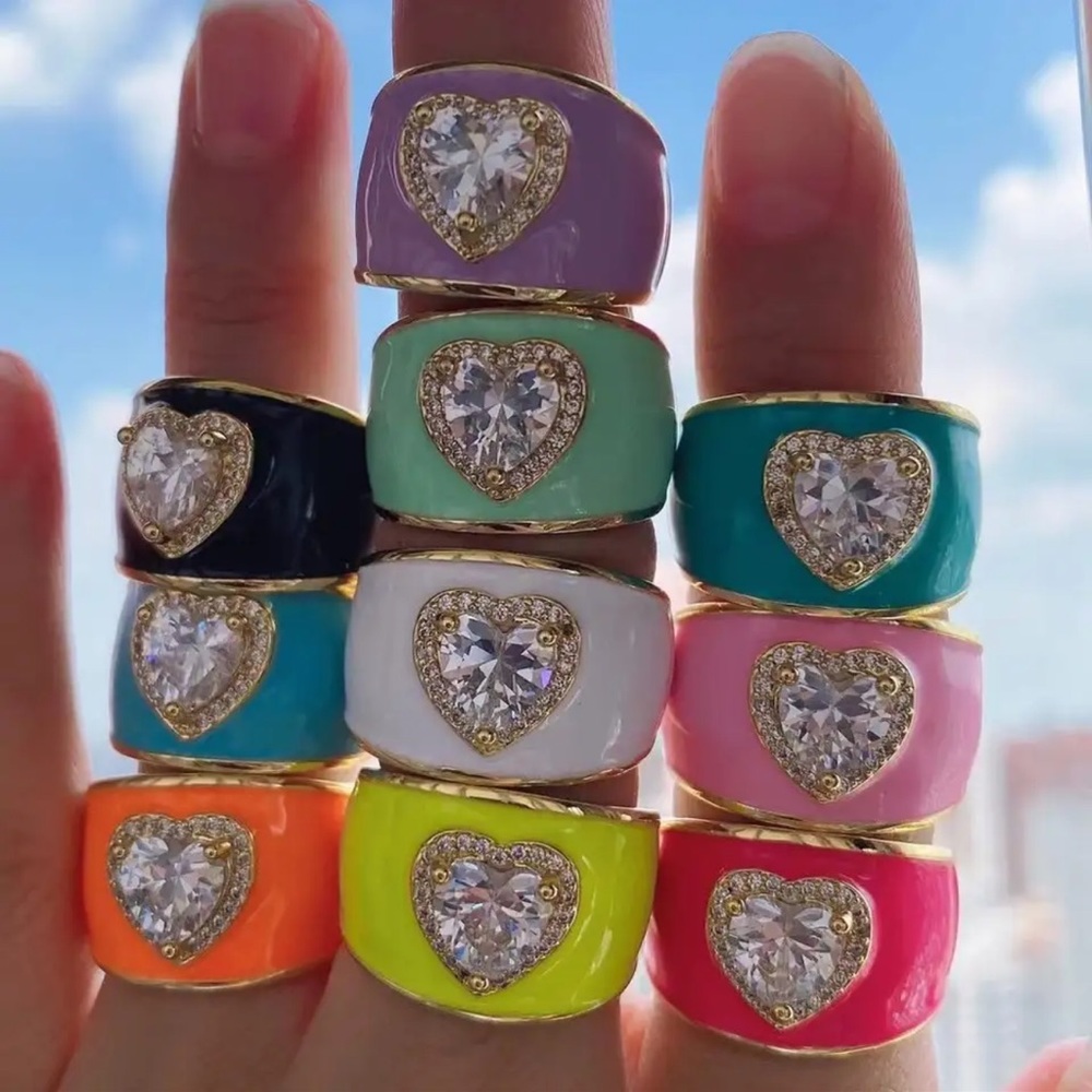 Hot Pink Enamel Ring with Zircon Heart and Pave Crystals